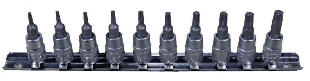 Cenová Bomba Zástrčné hlavice TORX 1/4", rozměry T7 - T40, sada 10 kusů na kolejnici - Condor